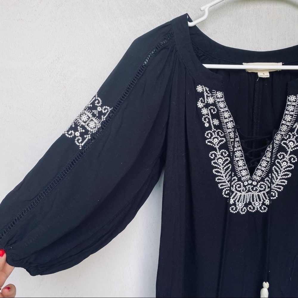Lovestitch Black & White Embroidered Tunic with Tassels - Lace-Up V-Neck - Picture 2 of 8
